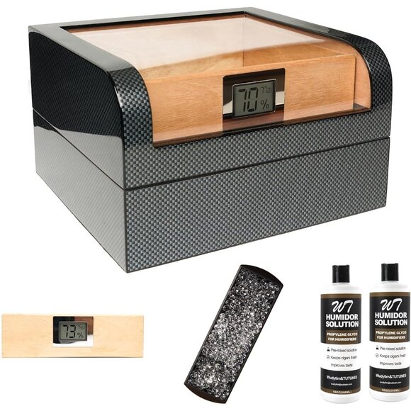 Wudytim Cigar Humidor Spanish Cedar Digital Hygrometer Box Glossy Torch Lighter - Picture 2 of 12